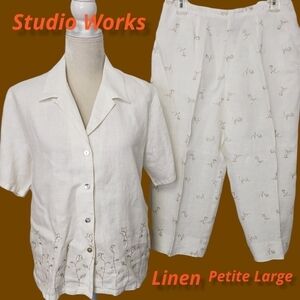 Studio Works Linen Capri Pant and Shirt Set PL Ivory and Taupe EUC